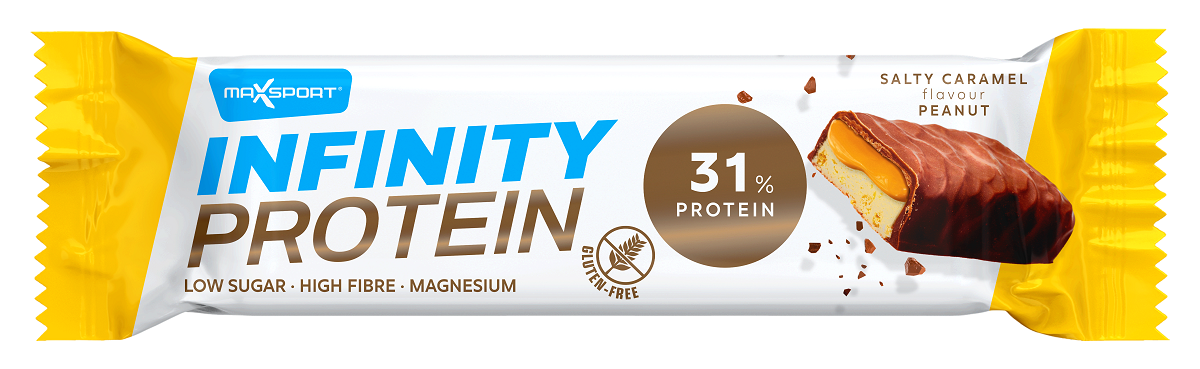 BATON PROTEINOWY Z KARMELEM I ORZESZKAMI ZIEMNYMI W CZEKOLADZIE MLECZNEJ BEZGLUTENOWY 55 g - MAXSPORT