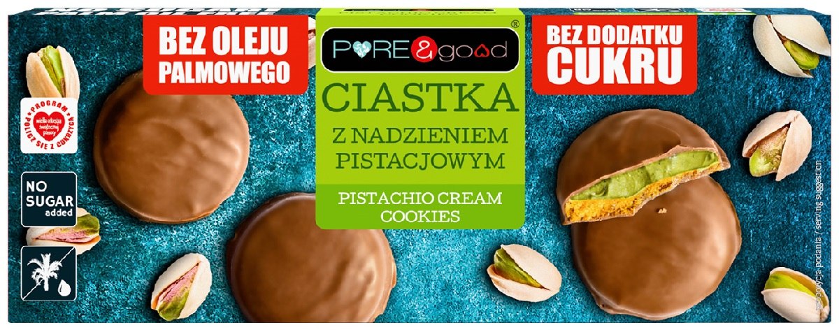 CIASTKA Z NADZIENIEM PISTACJOWYM W CZEKOLADZIE MLECZNEJ BEZ DODATKU CUKRÓW 96 g - PURE&GOOD